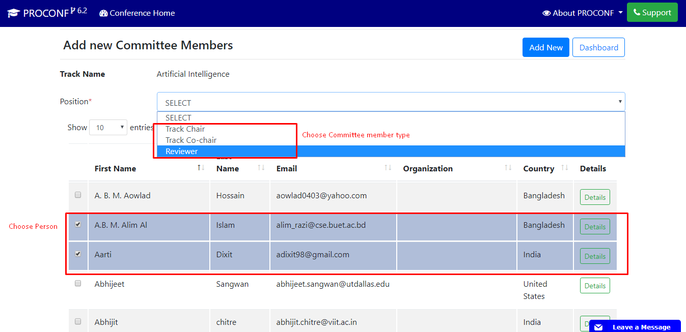 PROCONF Add committee member (Track chair-cochair, reviewer) options