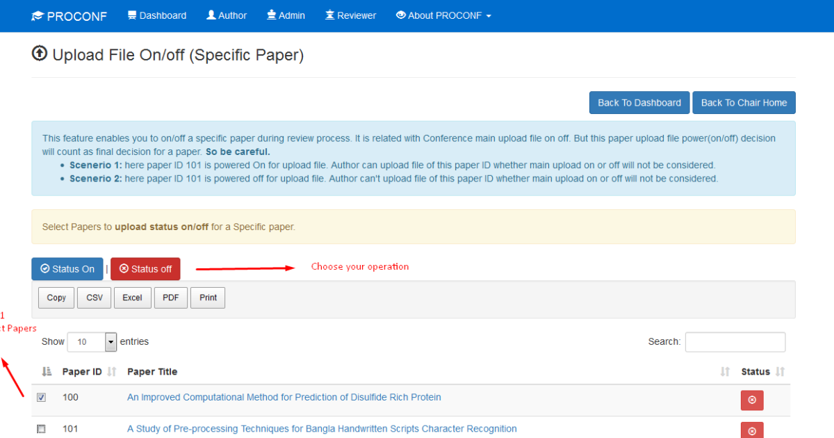 How to set upload file status (on/off ) for specific papers in ...