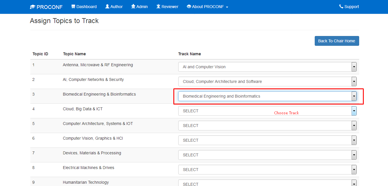 assign topics to tracks in PROCONF admin panel