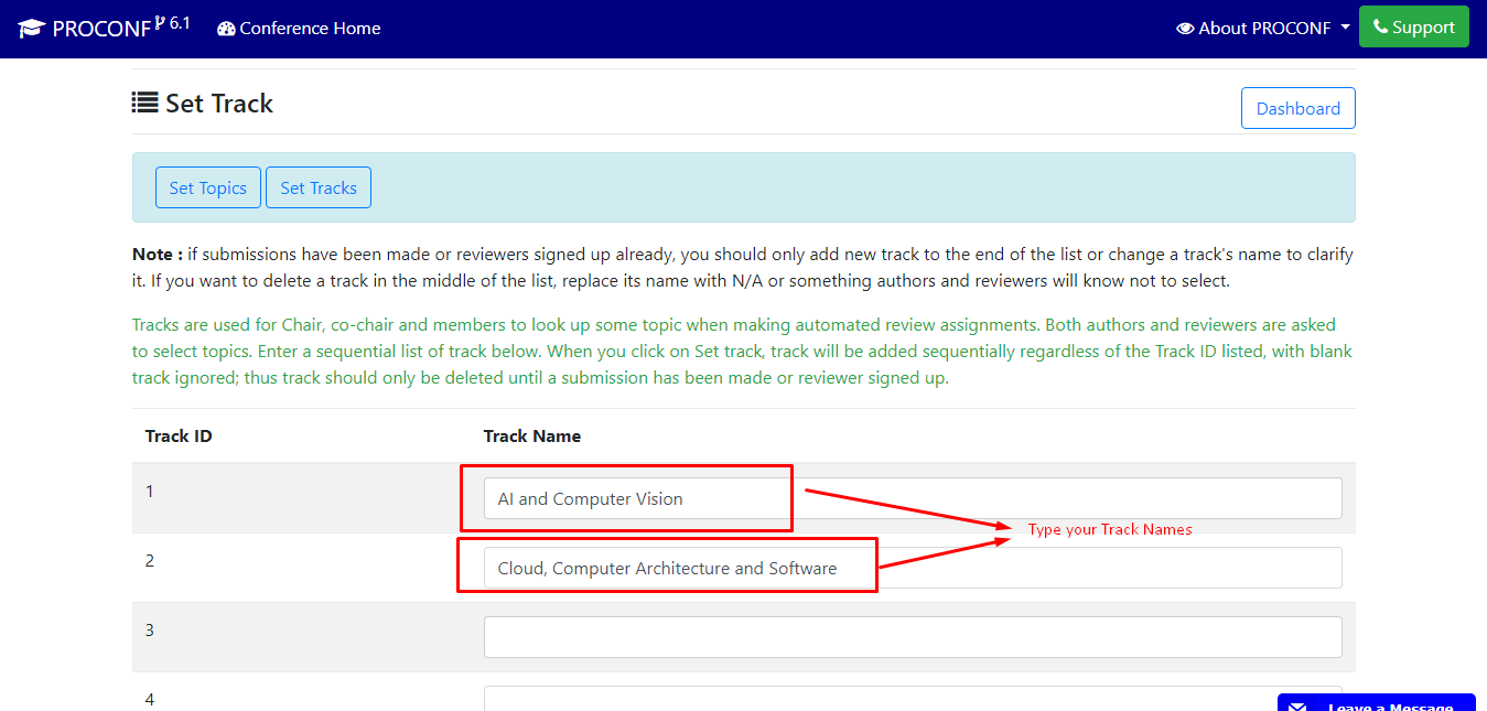 set track in PROCONF v6